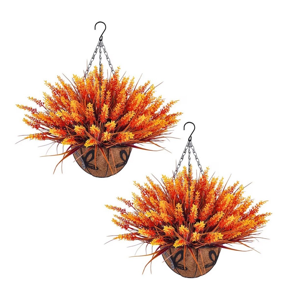 2Pack Artificial Hanging Baskets with Flowers 40Pcs Outdoor Fake Lavender Flo...